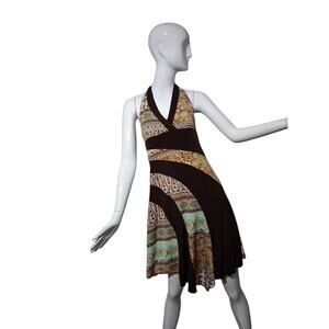 Y2K Vintage Outlooks Patchwork Womens size M Asymmetrical Halter‎ Babydoll Dress